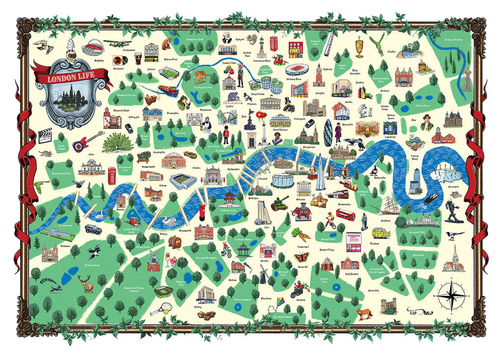Illustrated map of London with various landmarks and attractions